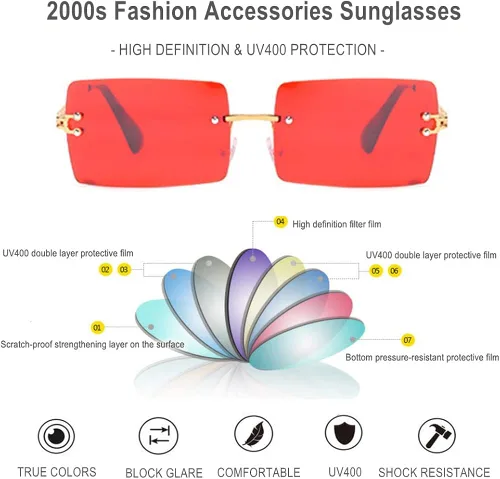 Vista 3 de BAWUYI Gafas de sol rectangulares sin montura de los años 90 y 2000 para mujeres y hombres, accesorios Y2K, vintage, retro, sin marco, gafas