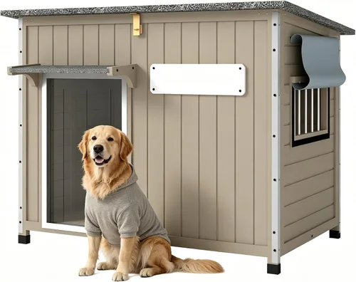 Vista 10 de PetsCosset Casa para perros al aire libre de 20.5 pulgadas de largo con techo de asfalto impermeable para perros pequeños a medianos, perrera grande