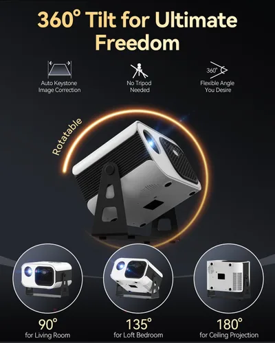 Vista 3 de Mini proyector con soporte giratorio de 270°, enfoque eléctrico y proyector portátil Keystone vertical, proyectores de cine en casa con WiFi