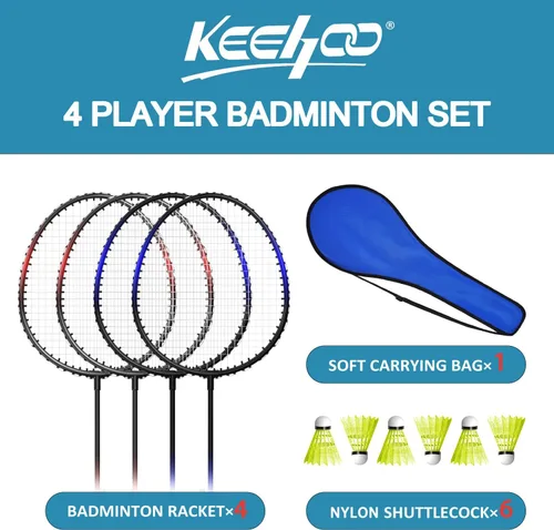 Vista 2 de Juego de 2, 4, 6 raquetas de bádminton Keehoo para adultos y niños, juego de bádminton para la playa, el césped, el patio trasero, deportes al aire