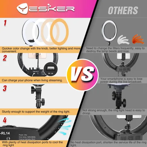 Vista 4 de Anillo de luz con soporte de trípode, kit de anillo de luz LED de 14 pulgadas Yesker con soporte para teléfono, temperatura de color ajustable