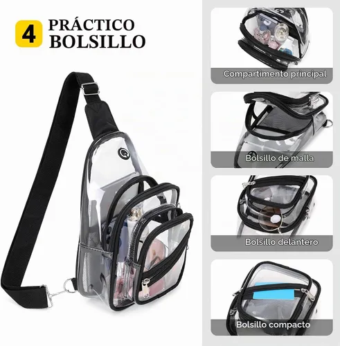 Vista 4 de Bolsa transparente para eventos en estadios, mochila transparente para mujer, impermeable, de PVC, cangurera cruzada para conciertos