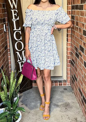 Vista 6 de BTFBM Vestido casual de verano de manga corta con cuello cuadrado para mujer, con lazo en la espalda, floral, cintura alta, con volantes