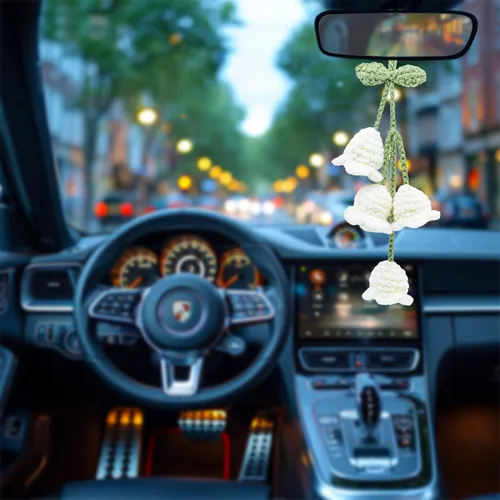 Vista 4 de Accesorios para colgar espejos de automóvil, colgante de flor de lirio tejido hecho a mano, bonita decoración colgante de ganchillo para espejo