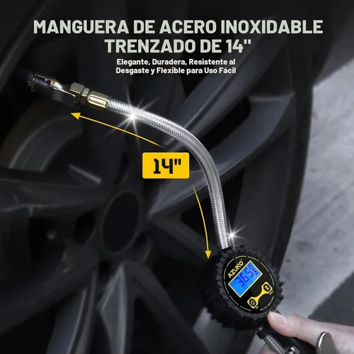Vista 2 de Inflador digital de neumáticos con medidor de presión, 200 PSI, manguera