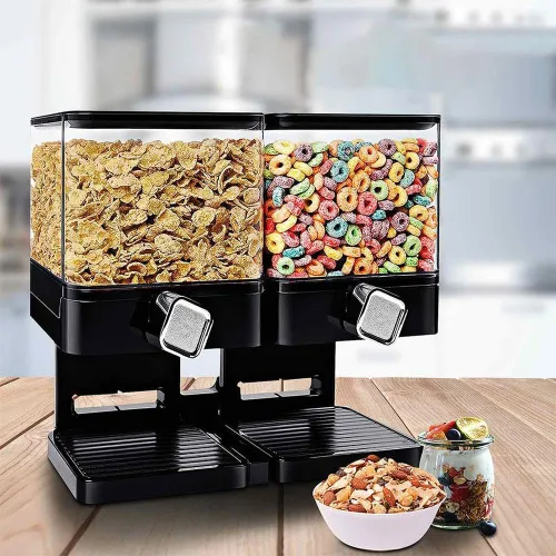 Vista 3 de TopHomer Dispensador de cereales de doble control con bandeja inferior desmontable y diseño de salida de paleta de rueda para organización de Negro