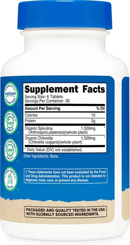 Vista 5 de Nutricost Espirulina orgánica + clorella (3,000 mg) 180 tabletas - USDA Organic, 1,500 mg de espirulina, 1,500 mg de clorella, vegano, sin OMG, sin