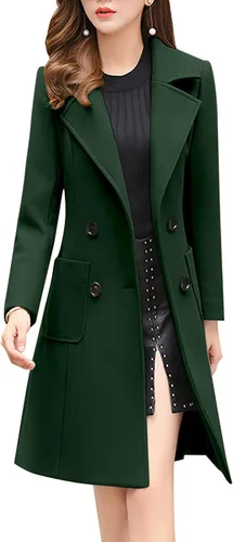 Vista 10 de chouyatou - Abrigo elegante cruzado de mezcla de lana para mujer, cuello con doble solapa de muesca Verde militar