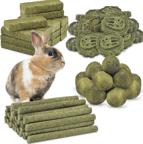 Vista 8 de ERKOON 25 juguetes masticables de conejo, 100% natural Timothy heno galleta y palitos de golosinas, juguete masticable para dientes para conejo