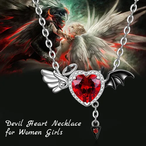 Vista 4 de Collar de medio ángel y medio diablo, símbolo de amor y ángel y diablo, colgante de alas de demonio, plata de ley, joyería de murciélago de Halloween