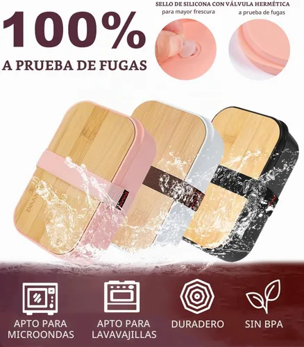 Vista 2 de Lonchera Bento para adultos, tapa de bambú natural, cubiertos y palillos, lonchera para mujeres, apta para microondas, lavavajillas, sin BPA, a Negro