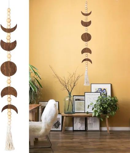Vista 8 de Colgante de pared de fase lunar de madera, decoración de dormitorio celestial estética bohemia para el hogar (beige)