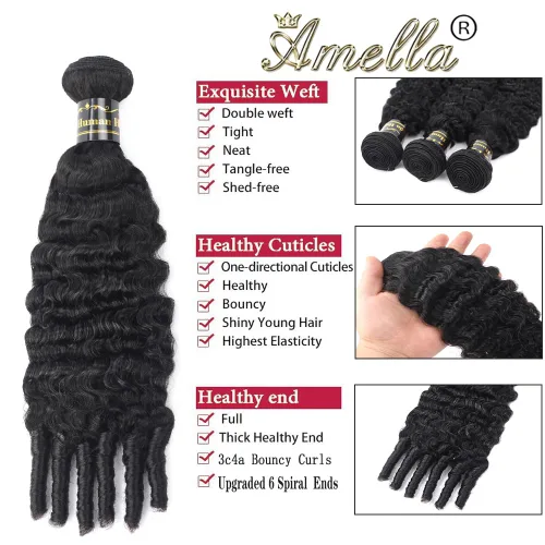Vista 2 de Amella Paquetes de cabello humano rizado birmano con extremo en espiral de 14 pulgadas, 3C4A, 100% sin procesar, virgen, birmano, extensiones