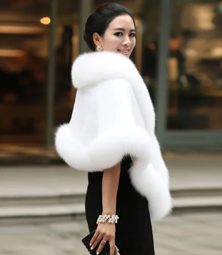 Vista 2 de Caracilia Women Luxury Faux Fur Coat Jackets Wrap Cape Shawl for Wedding Party