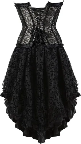 Vista 3 de frawirshau - Vestido de corsé de encaje para mujer, estilo Burlesque, disfraz steampunk para Halloween