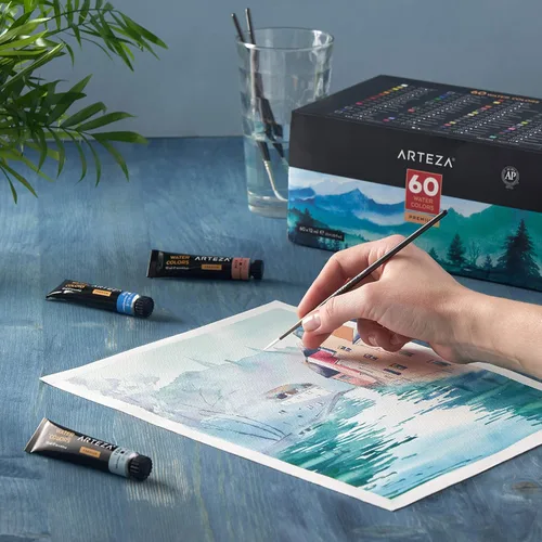 Vista 8 de ARTEZA Juego de pintura acrílica y juego de pintura de acuarela, suministros de arte de pintura para artistas, pintores de pasatiempos