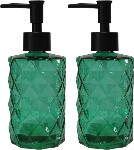 Vista 11 de Juego de dispensador de jabón de vidrio verde con bomba negra, dispensador de jabón líquido para manos recargable de 13.5 onzas, dispensador