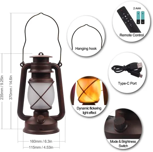 Vista 6 de Farol LED de campamento con pilas, lámpara colgante para exteriores, linterna recargable, llama parpadeante, faroles retro, control remoto, 4 modos