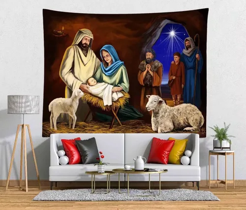 Vista 2 de CORFOTO Tela 60 pulgadas de ancho x 40 pulgadas de alto, tapiz para colgar en la pared, tapiz de pared cristiano de nacimiento de Jesús, pesebre