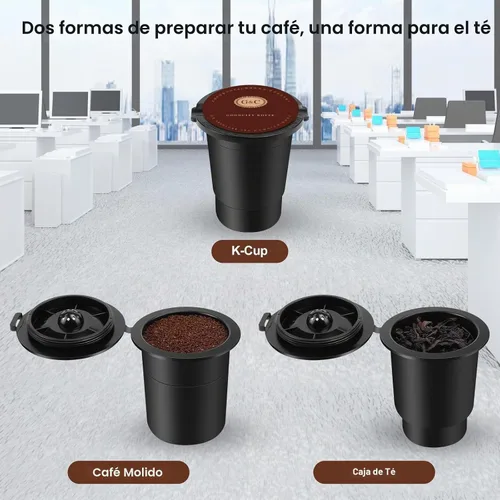 Vista 3 de Cafetera 3 en 1 de una sola porción, cápsula, cafetera molida y tetera, cafetera compacta de preparación rápida con pantalla táctil y depósito