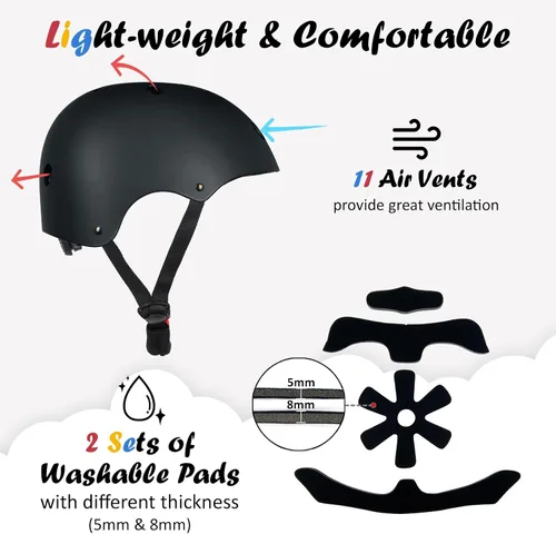 Vista 5 de Casco de bicicleta para niños, ajustable y para múltiples deportes, desde niños pequeños hasta jóvenes, 3 tallas Negro