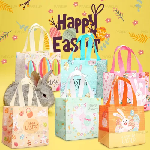 Vista 3 de PARSUP 6 bolsas multifuncionales no tejidas con asas, diseño de conejo de Pascua, zanahoria, pollito y zanahoria, suministros de fiesta de Pascua