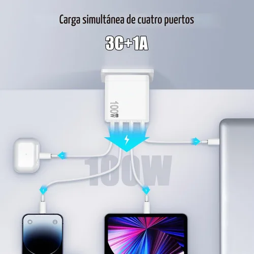 Vista 2 de Cargador USB C de 100 W, adaptador de corriente USB PD de 4 puertos, cargador USB C GaN, estación de carga rápida, compatible con Mac Book Pro/Air