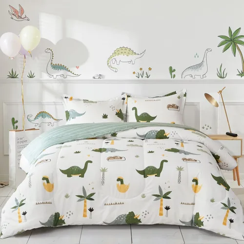 Vista 2 de Juego de edredón de algodón de dinosaurio para niños y niñas, edredón de algodón de 3 piezas, tamaño individual, diseño de dinosaurios verdes Dino