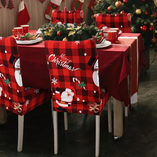 Vista 6 de Macarrie Juego de fundas elásticas para sillas de Navidad, fundas protectoras para sillas estampadas, lavables, elásticas, a cuadros rojos y negros