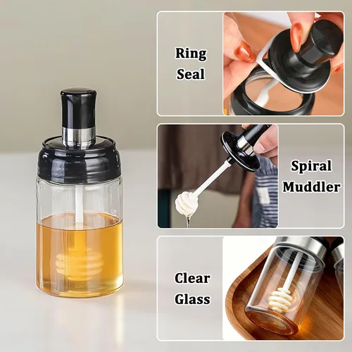 Vista 3 de MIUPOO Tarro de miel con cubierta de cuchara, diseño ondulado antideslizante botella de miel de vidrio, transparente de contenedor de miel, olla