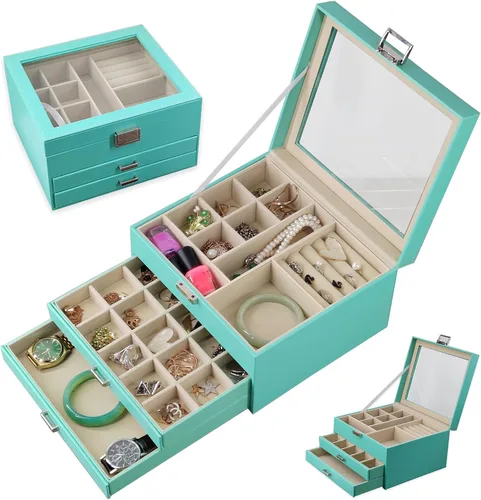 Vista 2 de BOOVO Clear Lid Jewelry Box For Girl,3 Layers Jewelry Organizer boxes For Women Turquoise Earring Jewelry Box For Girl Necklace Ring Bracelet