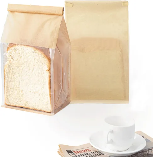 Vista 6 de 50 bolsas de pan con lazo de lata, bolsas para pan hechas de papel de algodón marrón, bolsa de embalaje de almacenamiento con ventana transparente