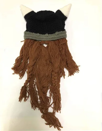 Vista 9 de YEKEYI Sombrero de cuerno de barba vikingo gorro de invierno cálido máscara de lana tejida divertida gorra de calavera
