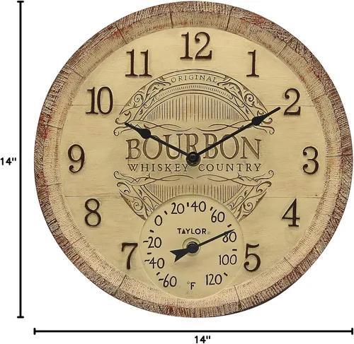 Vista 8 de Taylor Bourbon Barrel - Reloj y termómetro de poliresina para interiores y exteriores, decoración del hogar para jardín, patio, piscina y áreas