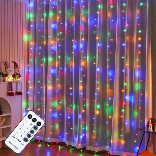 Vista 8 de WATERGLIDE - 300 luces LED para cortinas, luces de cuerda decorativas de Navidad con control remoto, 8 modos de iluminación, enchufe para decoración