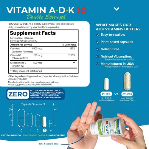 Vista 5 de Power By Naturals ADK 10 - Vitamina A de alta potencia, D3 10000 IU, suplemento K2 MK7 – 90 pastillas (1 unidad) para 3 meses de apoyo a la salud