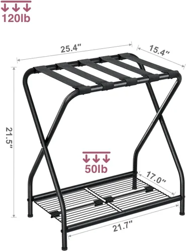 Vista 3 de Portaequipajes, soporte plegable para maleta con estante de almacenamiento, soporte de equipaje de metal para habitación de invitados, dormitorio
