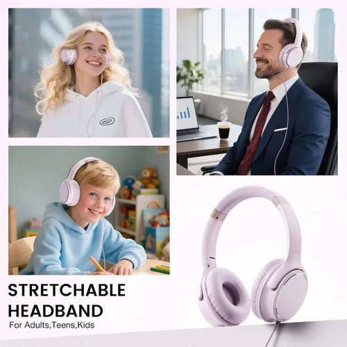 Vista 4 de Auriculares con cable USB C sobre la oreja con micrófono, control de volumen, puerto compartido y diadema ajustable, auriculares estéreo plegables
