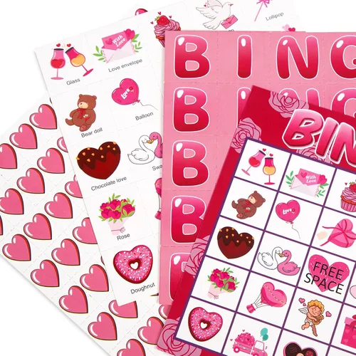 Vista 4 de jollylife Tarjetas de bingo para 40 jugadores para el día de San Valentín, suministros para fiestas, actividades para adultos (rosa)