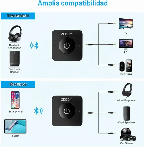 Vista 2 de ZIOCOM Transmisor Bluetooth para TV, adaptador Bluetooth inalámbrico para TV/PC/altavoz/estéreo doméstico (óptico, auxiliar de 0.1 in, RCA)