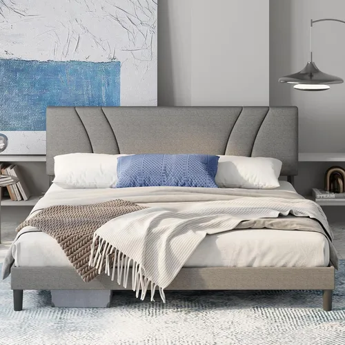 Vista 8 de Avenco - Base de cama tamaño matrimonial con plataforma tapizada y cabecera ajustable, soporte de listones de madera, fácil montaje, no necesita