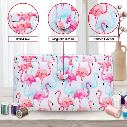Vista 3 de SINGER Cesta de aparejos grande de alta calidad, estampado de flamenco pastel con kit de costura de viaje de emergencia y bolsa con cremallera a