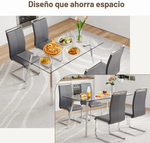 Vista 5 de Juego de mesa de comedor de cristal para 4, mesa rectangular con 4 sillas de cocina de cuero gris, juego de comedor de cocina de 51 pulgadas, mesa 4