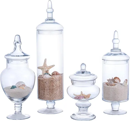 Vista 6 de MyGift Juego de 4 tarros de boticario de vidrio transparente con tapas, decoración de baño, bufé de dulces, centro de mesa de boda, tarro decorativo