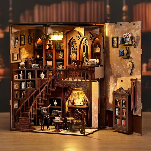 Vista 2 de Kit de rincón de libros en miniatura, rompecabezas de madera 3D, decoración de estantería de biblioteca con luces LED, modelo de casa pequeña