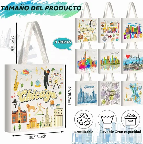Vista 4 de Bolsas de lona Chicago de 9 piezas, regalo de recuerdo, bolsa de compras para regalos de viaje