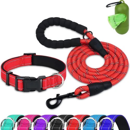 Vista 9 de Dynmeow - Juego de collar y correa reflectante para perro, correa de cuerda de escalada resistente de 6 pies con mango acolchado, collar ajustable