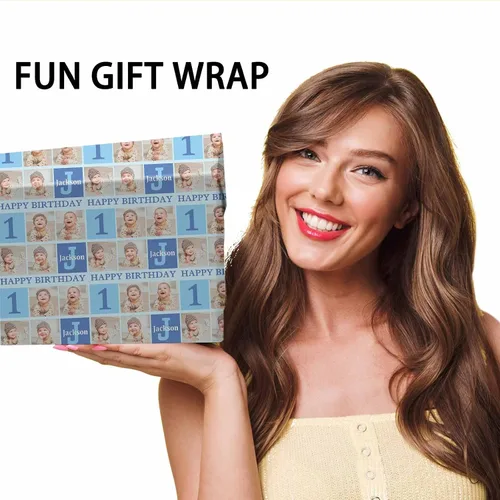 Vista 6 de COLORSFORU Papel de regalo personalizado de feliz cumpleaños con foto de nombre: fabricado en EE. UU., rollo de papel de regalo personalizado, papel