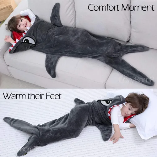 Vista 4 de CozyBomB Manta de animales con cola de tiburón para niños, diseño acogedor y suave de una pieza, manta de felpa duradera sin costuras