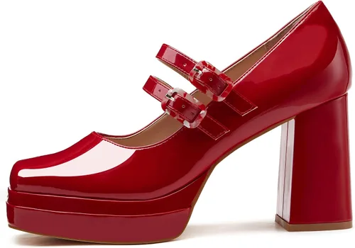 Vista 2 de Coutgo Women's Platform Mary Jane Pumps Two Strap Square Toe Chunky Block Heel Sandals Party Shoes